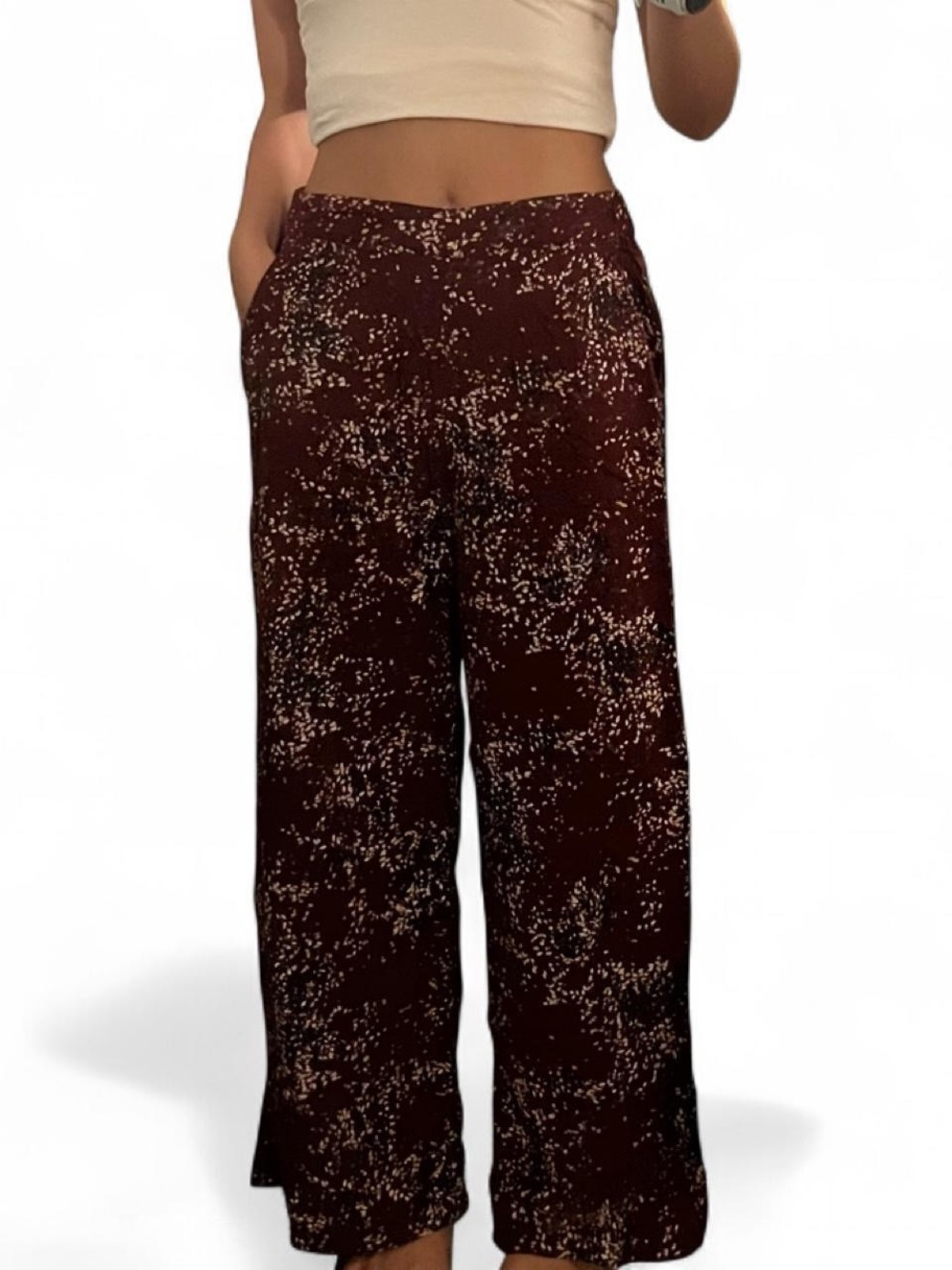 Roxy Burgundy Wide-Leg Pants with Cream and Mustard Speckle